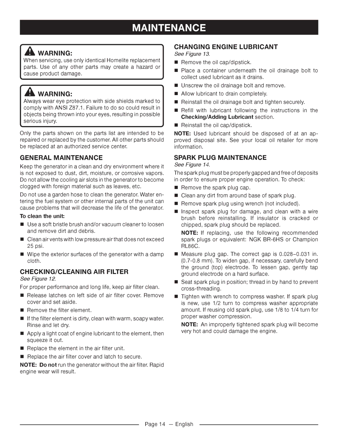 Homelite HG5022P General Maintenance, Checking/CLEANING AIR Filter, Changing engine lubricant, Spark plug maintenance 