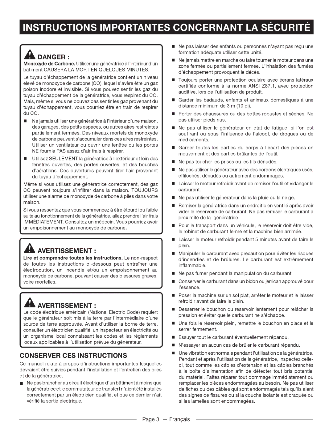 Homelite HG5022P Instructions Importantes Concernant LA Sécurité, Avertissement, Conserver CES Instructions 