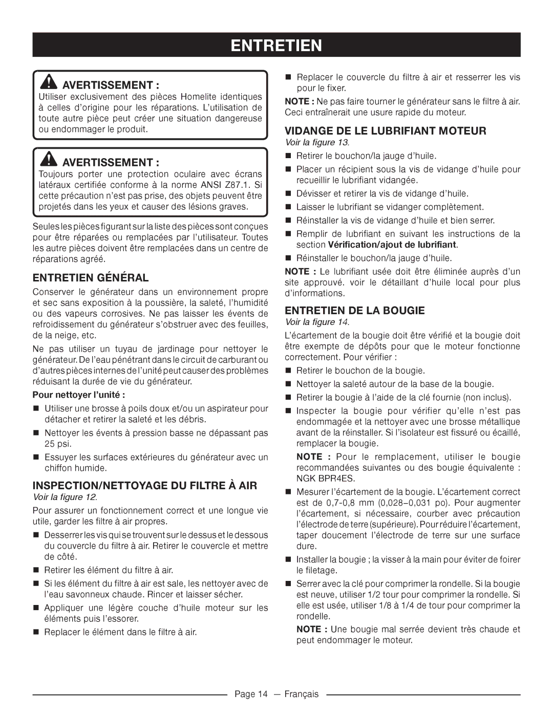 Homelite HG5022P Entretien Général, INSPECTION/NETTOYAGE DU Filtre À AIR, Vidange DE Le lubrifiant Moteur 