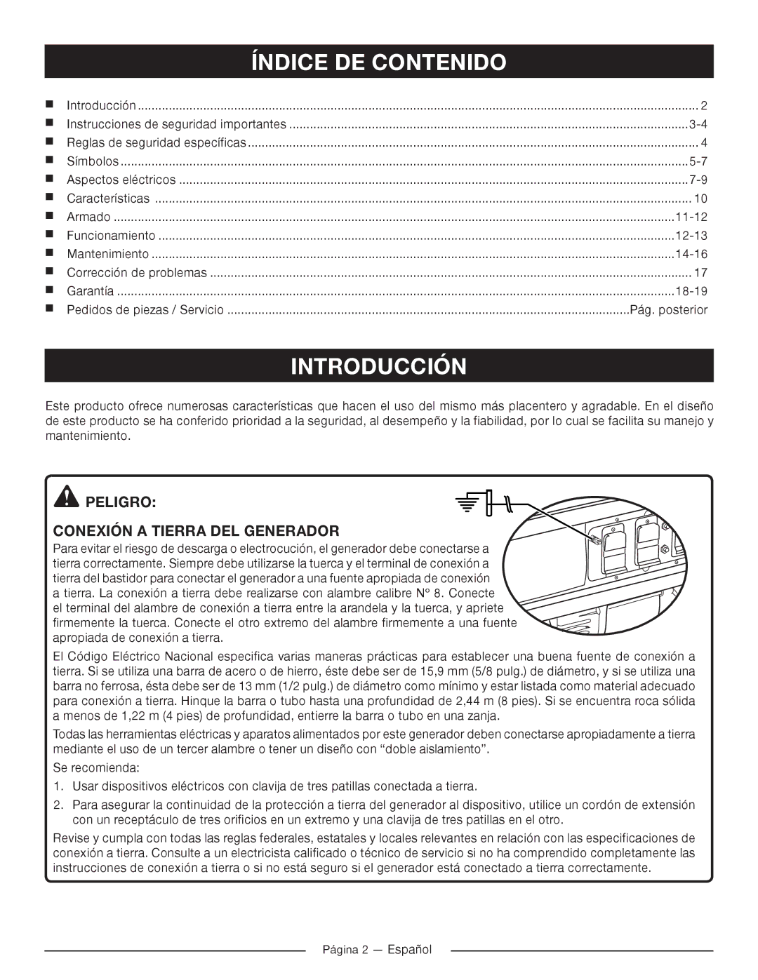 Homelite HG5022P manuel dutilisation Índice DE Contenido, Introducción, Peligro Conexión a tierra del generador 