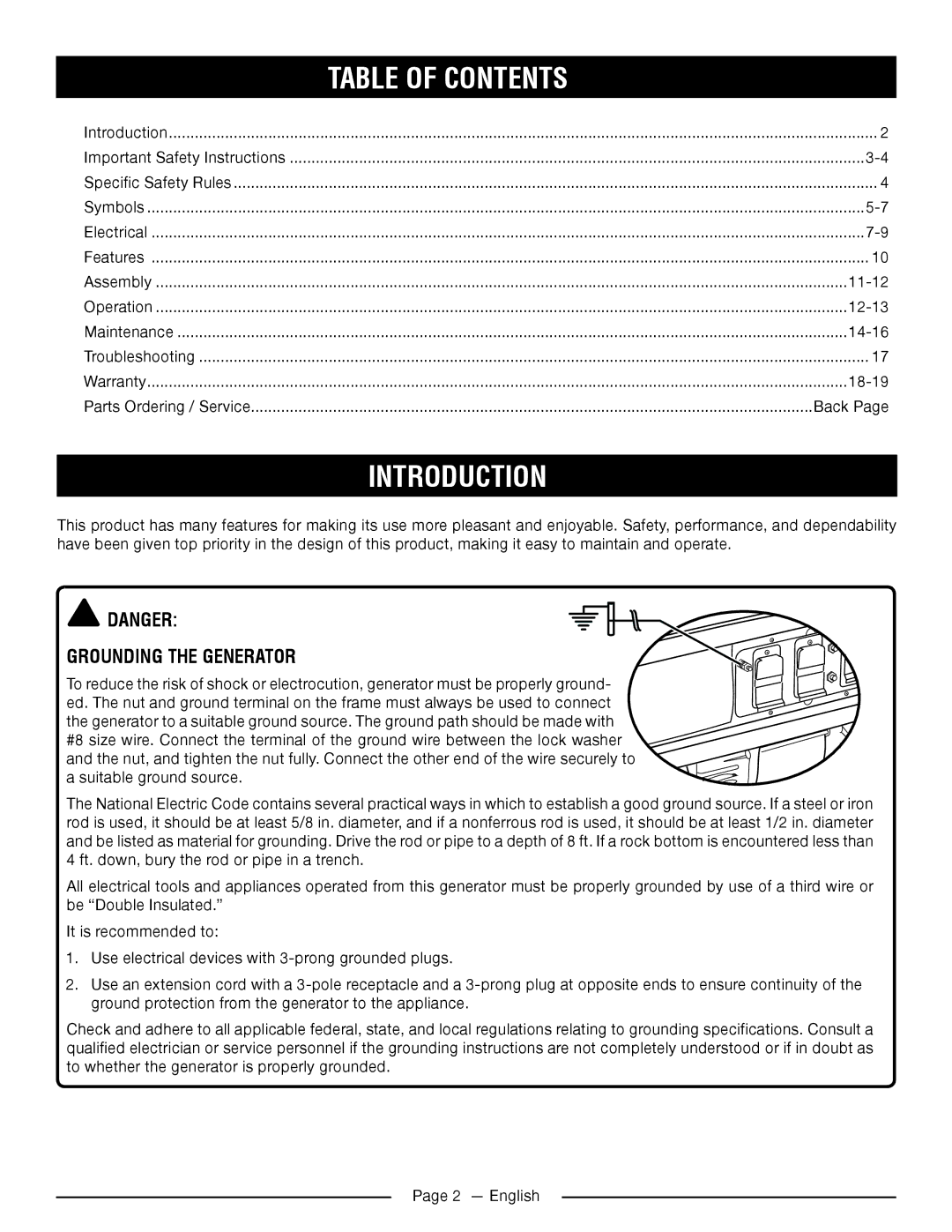 Homelite HG5022P manuel dutilisation Introduction, Table of Contents 