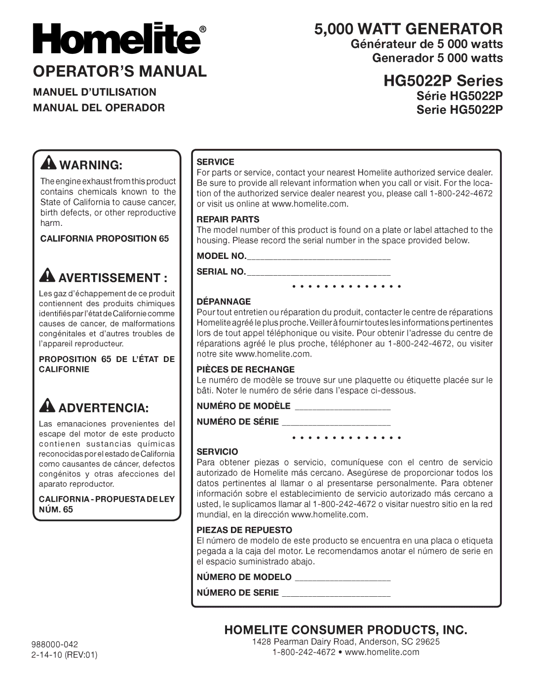 Homelite HG5022P manuel dutilisation Manuel D’UTILISATION, Manual DEL Operador 