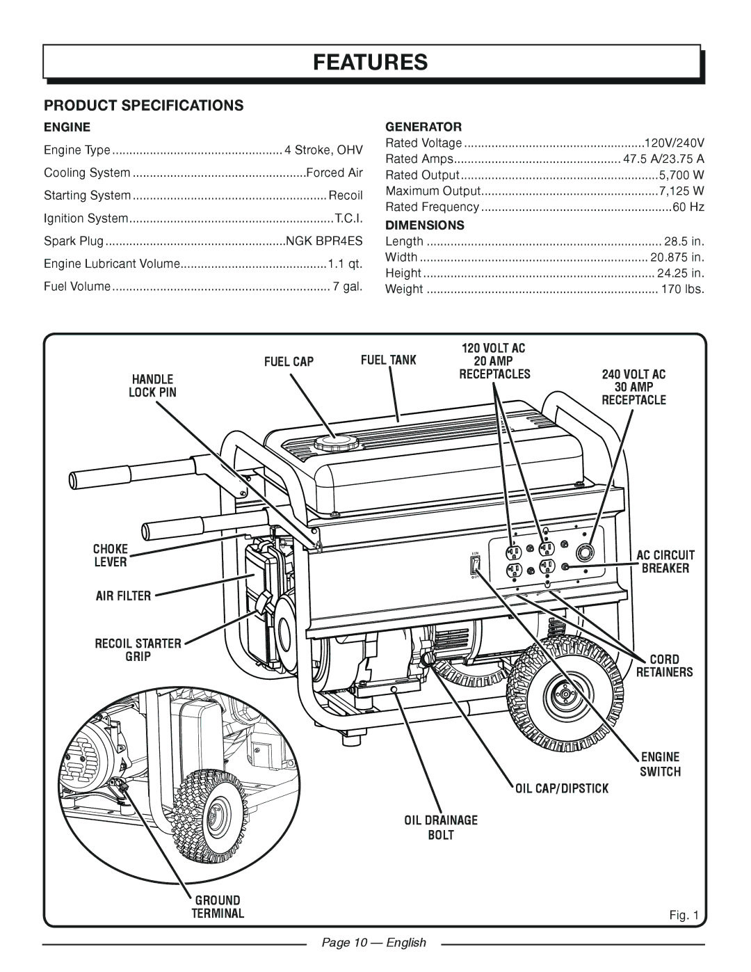 Homelite HG5700 manuel dutilisation Features, Product Specifications, English 