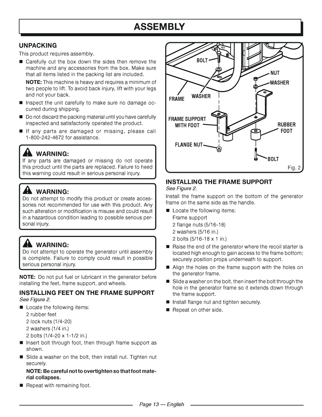 Homelite HG5700 Assembly, Unpacking, Installing feet on the frame support, Installing the frame support, English 