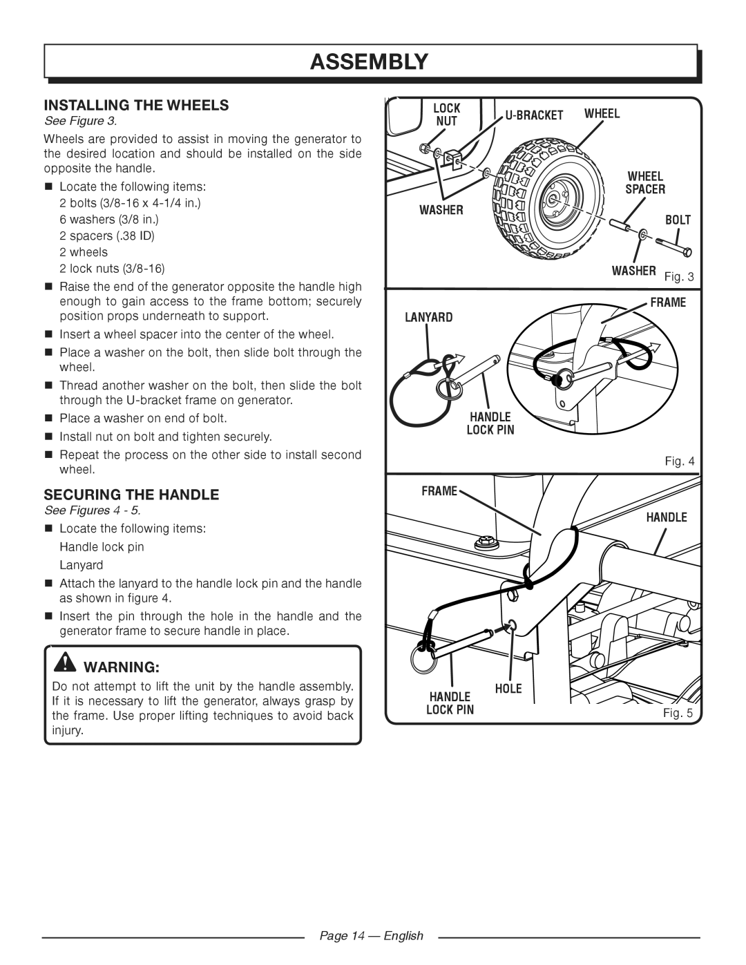 Homelite HG5700 manuel dutilisation Assembly, Installing the wheels, Securing the handle, See Figures 4, English 