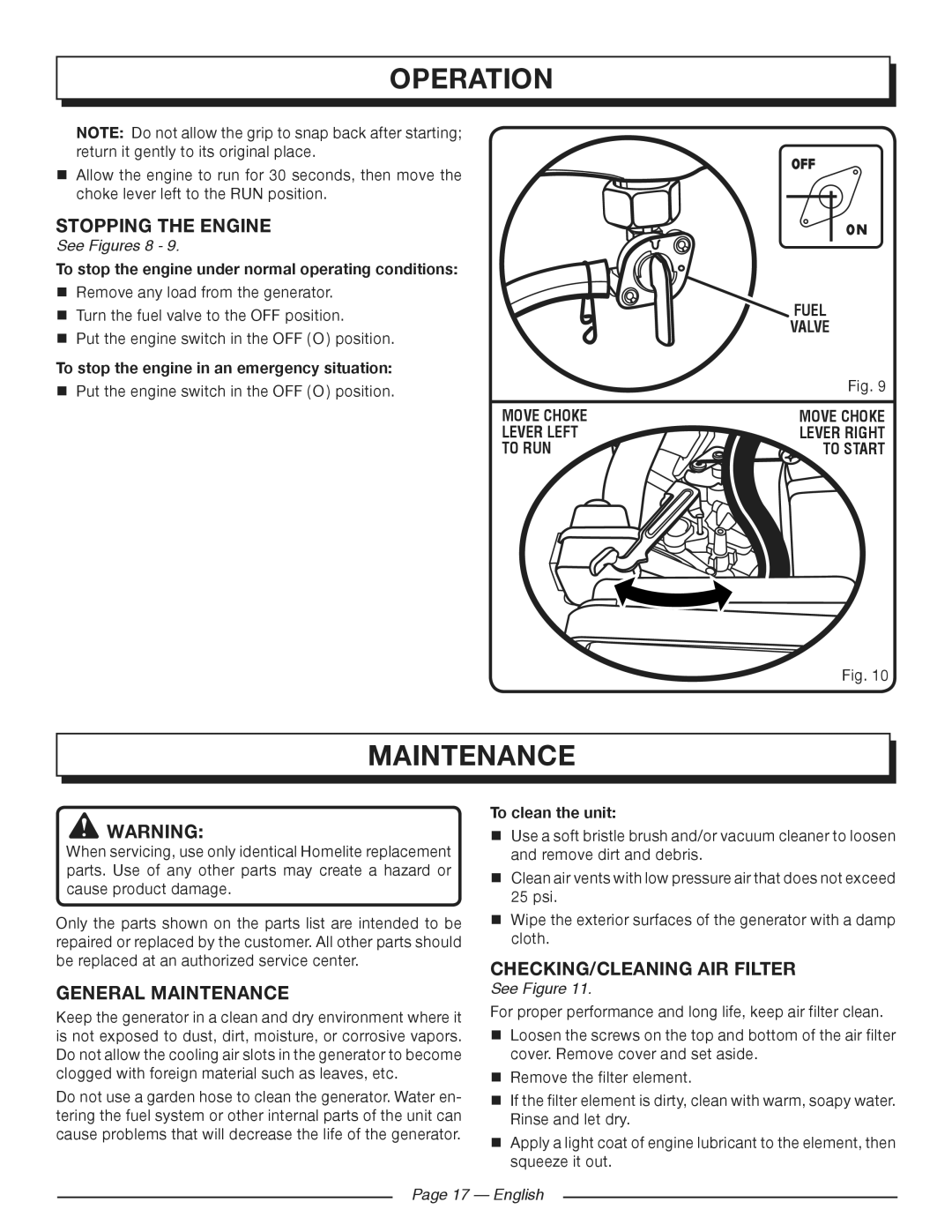 Homelite HG5700 manuel dutilisation Stopping the engine, General Maintenance, Checking/CLEANING AIR Filter, English 