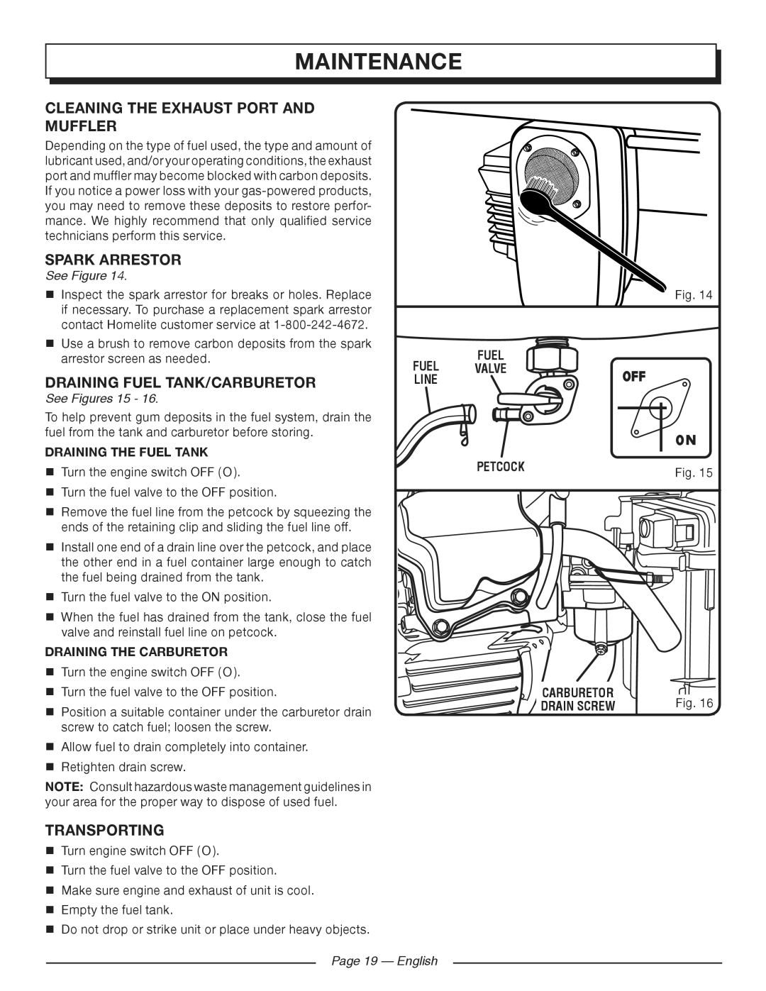 Homelite HG5700 Maintenance, Cleaning the Exhaust Port and Muffler, Spark arrestor, Draining fuel tank/carburetor 