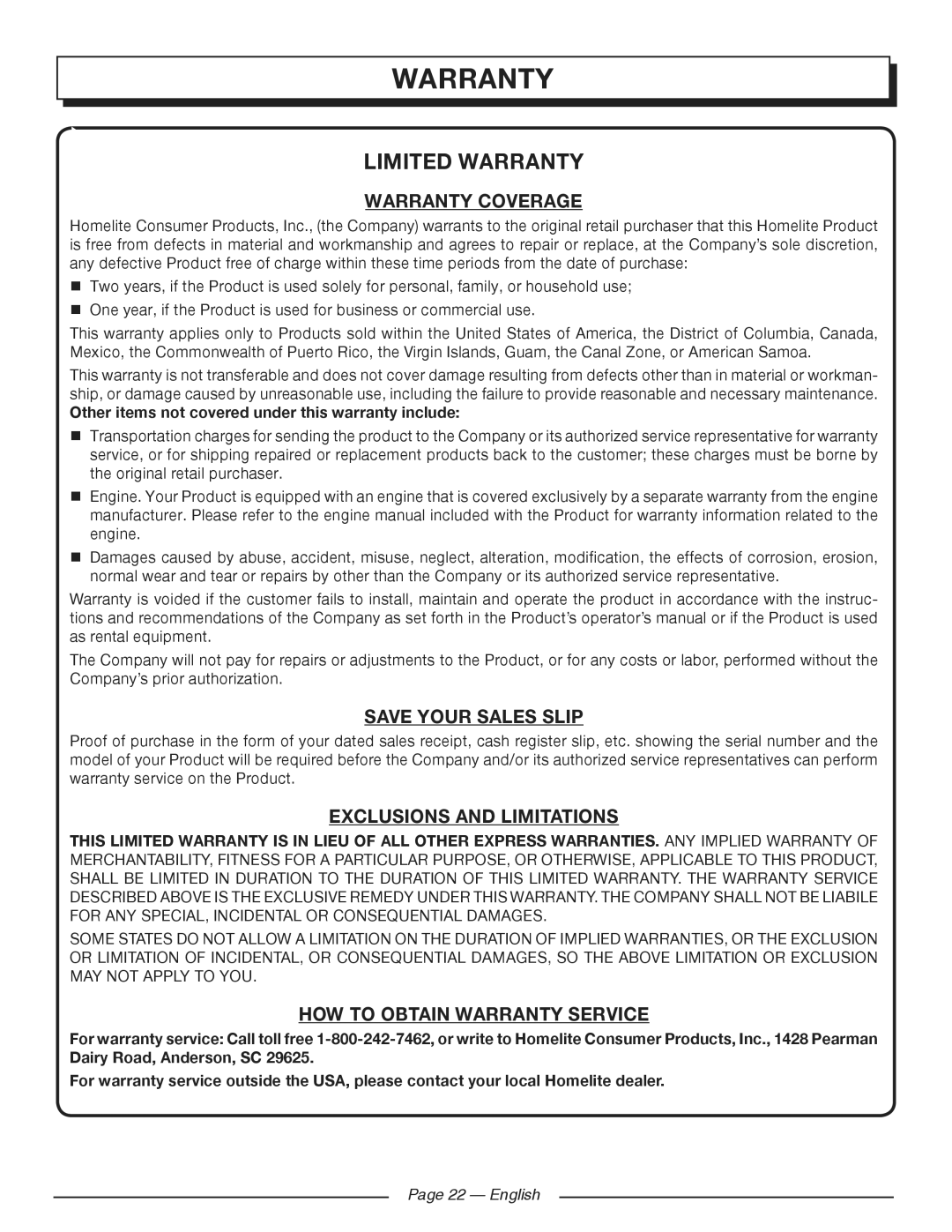 Homelite HG5700 Warranty Coverage, Save Your Sales Slip, Exclusions and Limitations, HOW to Obtain Warranty Service 