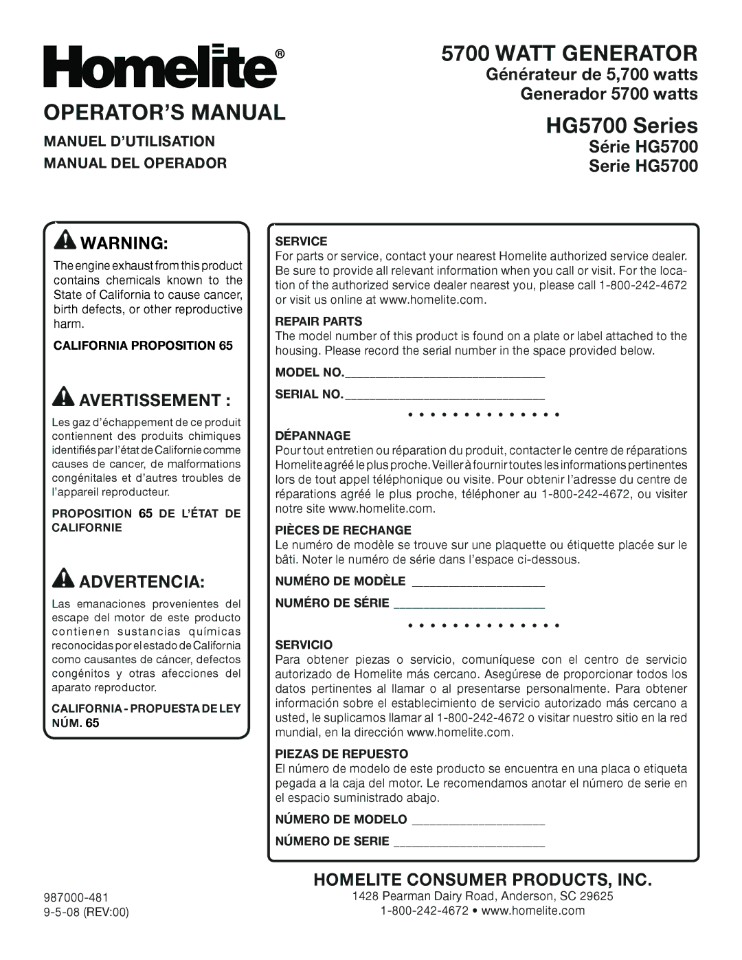 Homelite HG5700 manuel dutilisation OPERATOR’S Manual, Manuel D’UTILISATION, Manual DEL Operador 