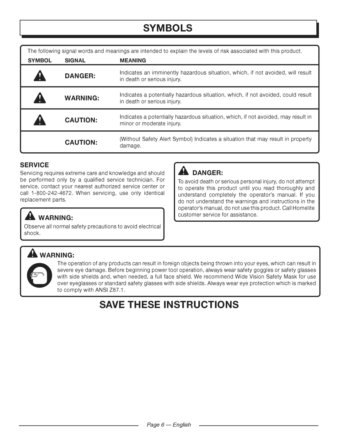 Homelite HG5700 manuel dutilisation Service, Symbol Signal Meaning 