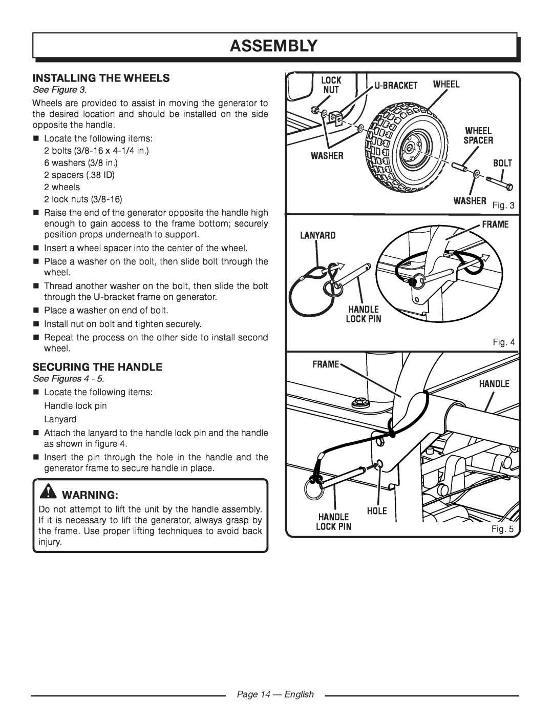 Homelite HG5700 assembly, installing the wheels, securing the handle, See Figures, Page 14 - English 
