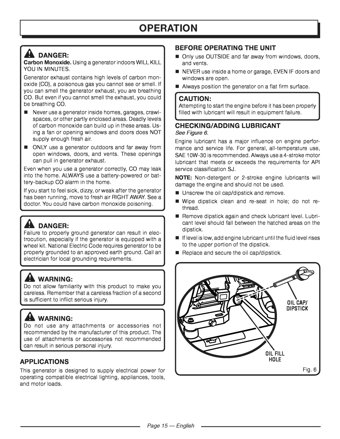 Homelite HG5700 manuel dutilisation operation, See Figure, oil cap/ dipstick oil fill hole, Page 15 - English 