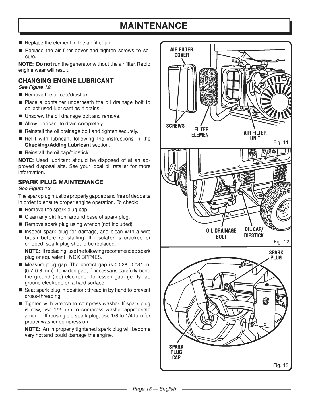 Homelite HG5700 manuel dutilisation changing engine lubricant, spark plug maintenance, See Figure, Page 18 - English 