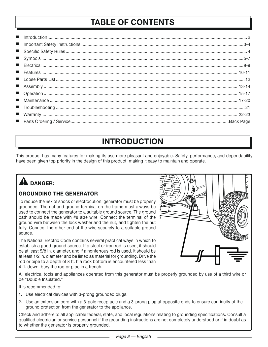 Homelite HG5700 manuel dutilisation Introduction, Table Of Contents, Page  - English 