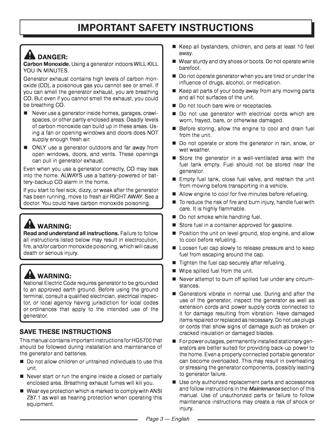 Homelite HG5700 manuel dutilisation important safety instructions, Danger, Save These Instructions, Page  - English 