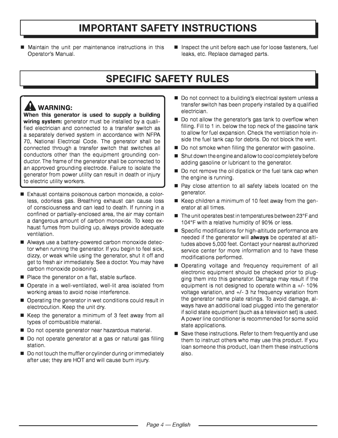 Homelite HG5700 manuel dutilisation Specific Safety Rules, important safety instructions, Page  - English 