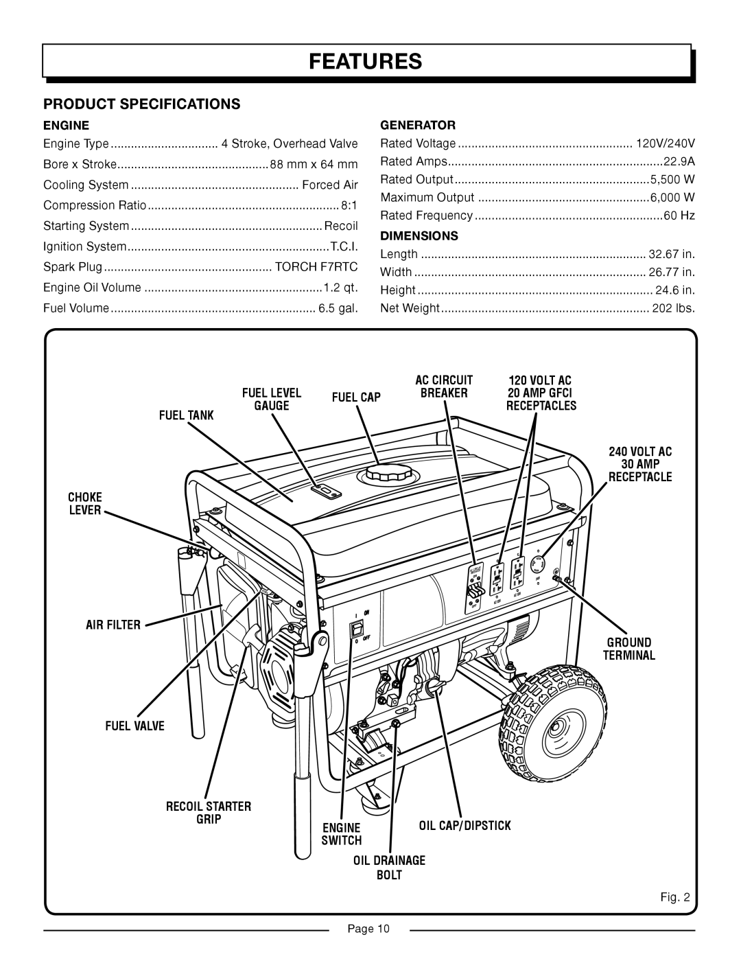 Homelite HG6000 manual Features, Product Specifications 