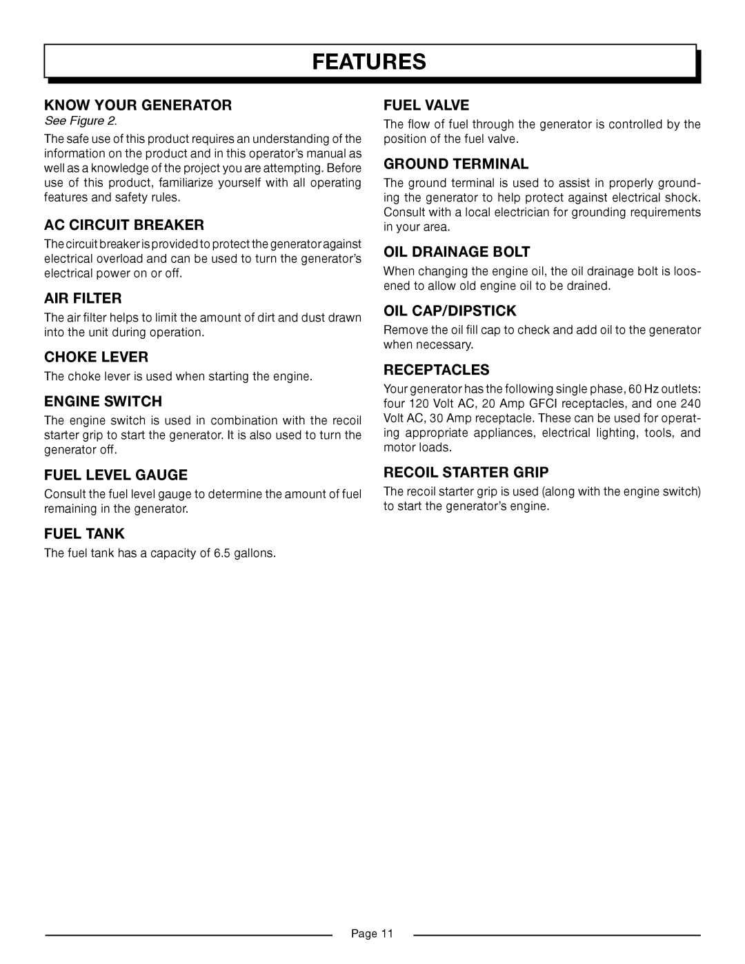 Homelite HG6000 manual Know Your Generator, AC Circuit Breaker, AIR Filter, Choke Lever, Engine Switch, Fuel Level Gauge 