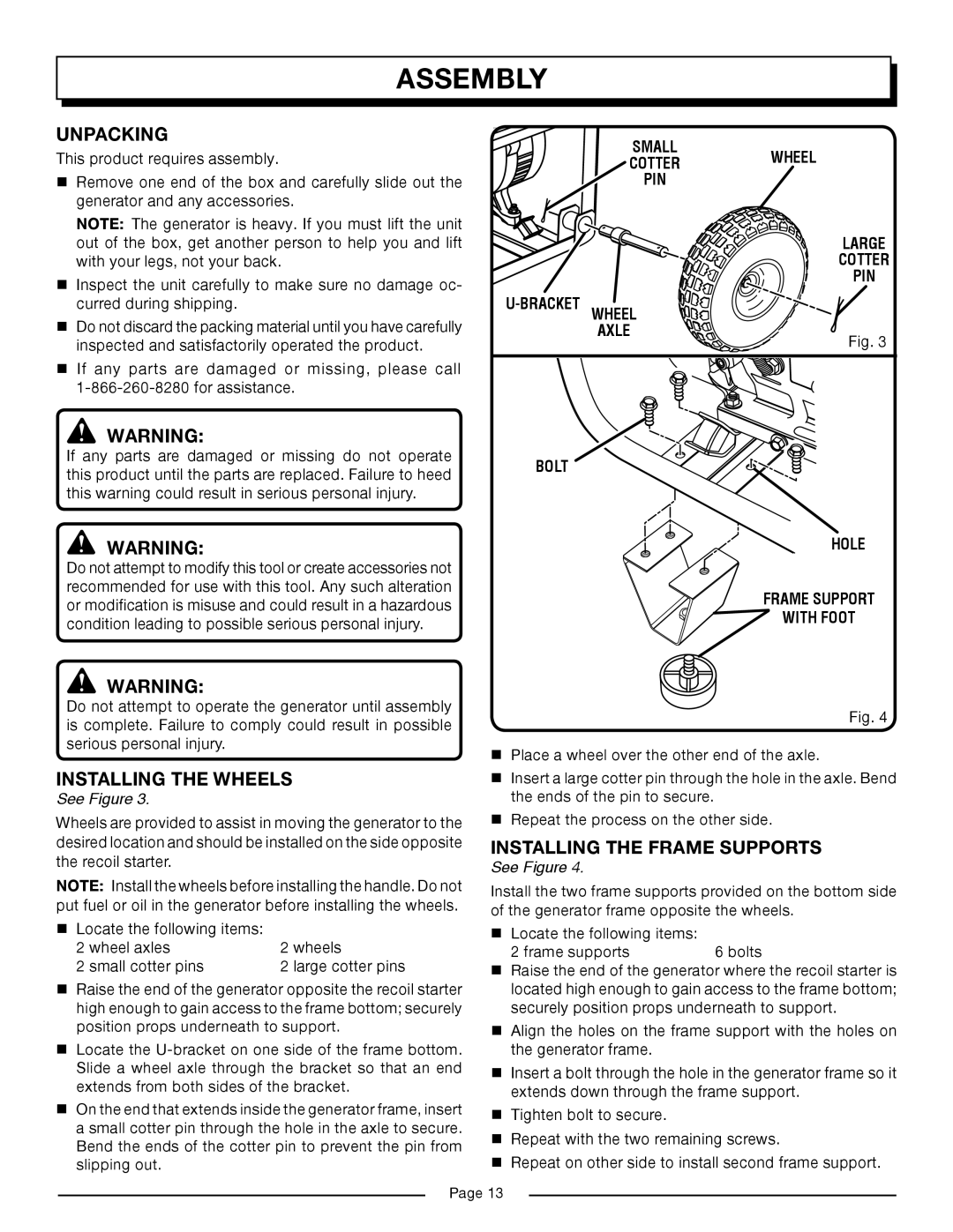 Homelite HG6000 manual Assembly, Unpacking, Installing the Wheels, Installing the Frame Supports 