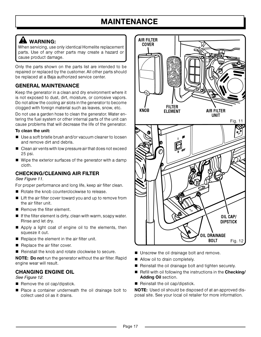 Homelite HG6000 manual General Maintenance, CHECKING/CLEANING AIR Filter, Changing Engine OIL, To clean the unit 