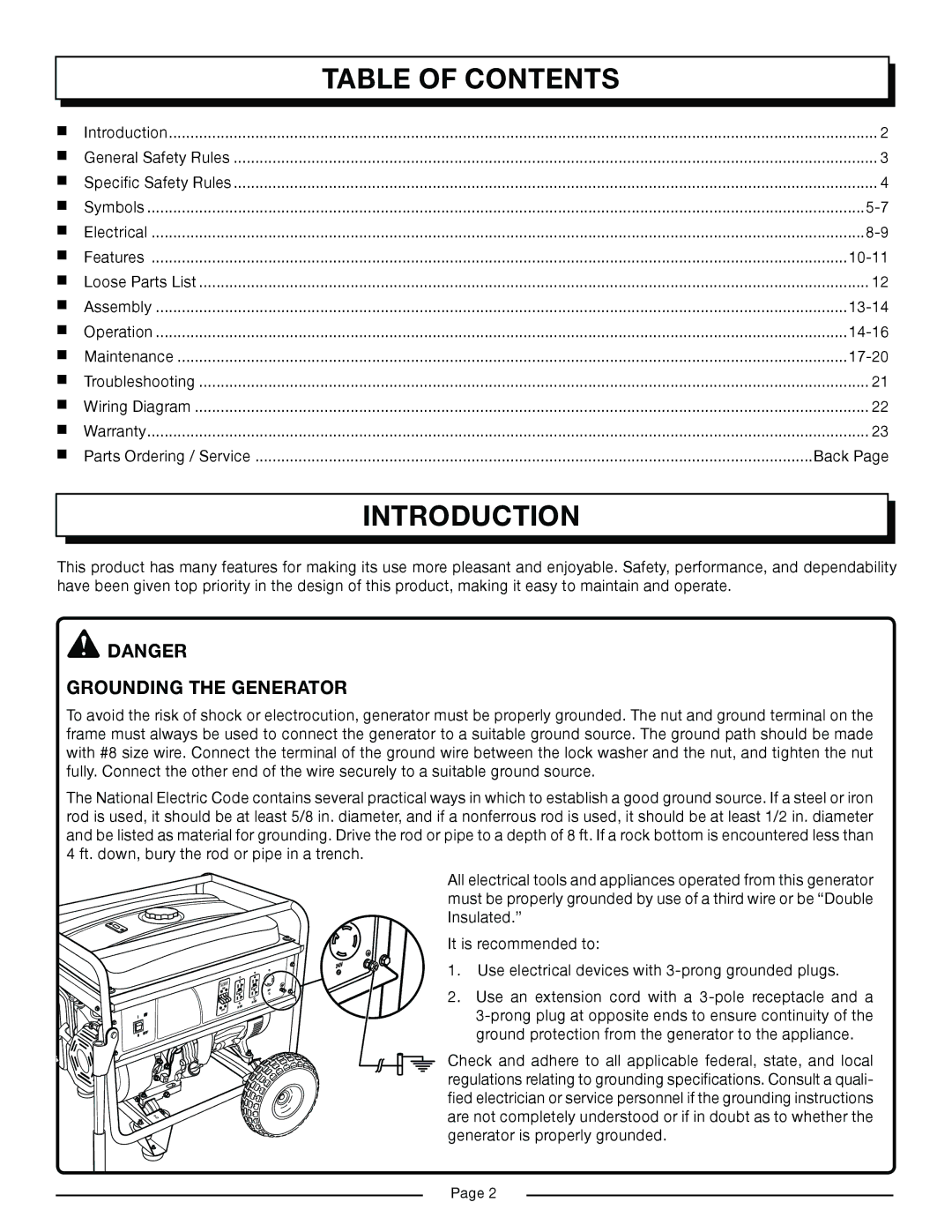 Homelite HG6000 manual Introduction, Table of Contents 