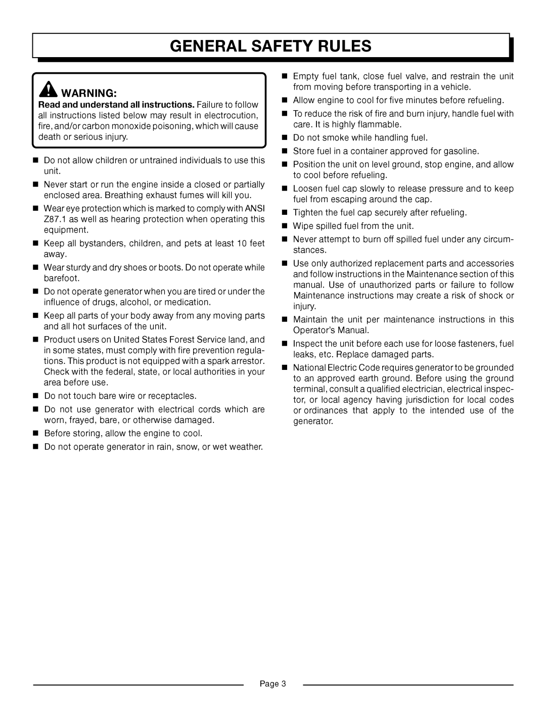 Homelite HG6000 manual General Safety Rules 