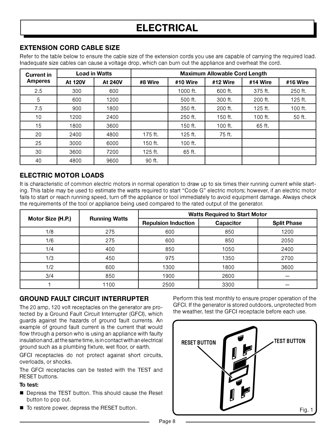 Homelite HG6000 manual Electrical, Extension Cord Cable Size, Electric Motor Loads, Ground Fault Circuit Interrupter 