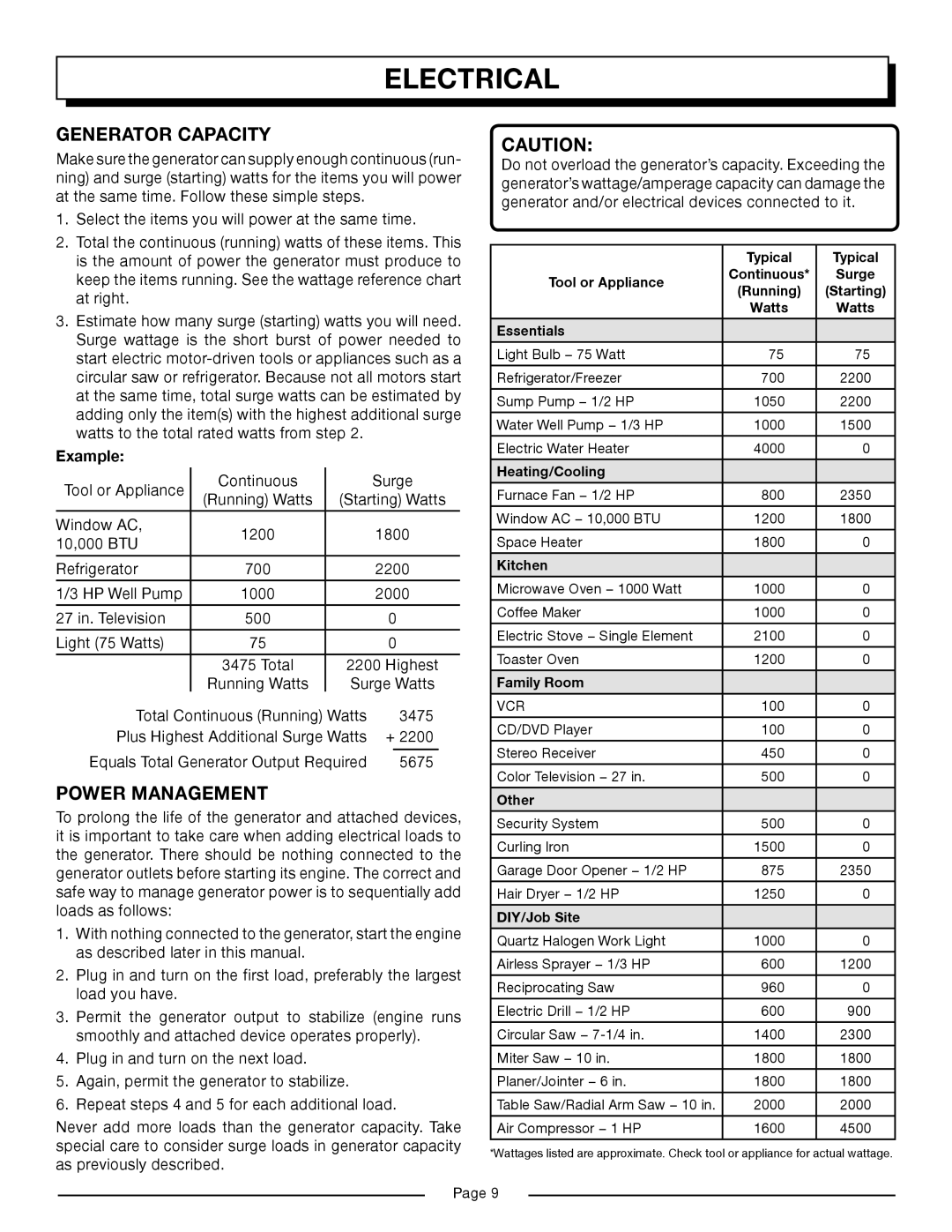 Homelite HG6000 manual Generator Capacity, Power Management, Example 