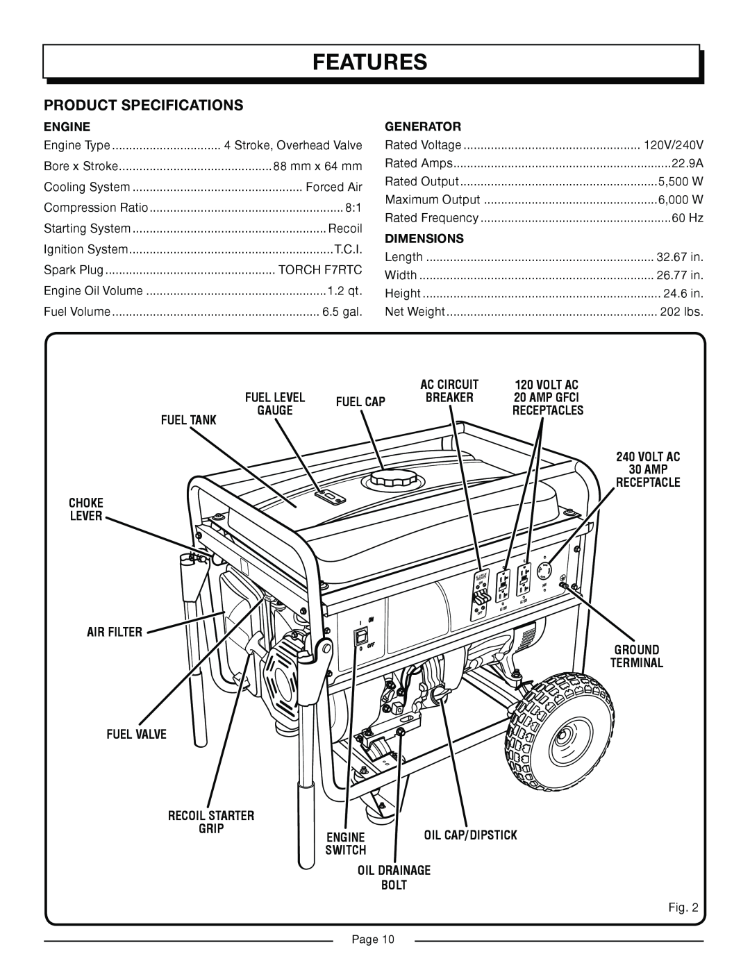 Homelite HG6000 manual Features, Product Specifications 