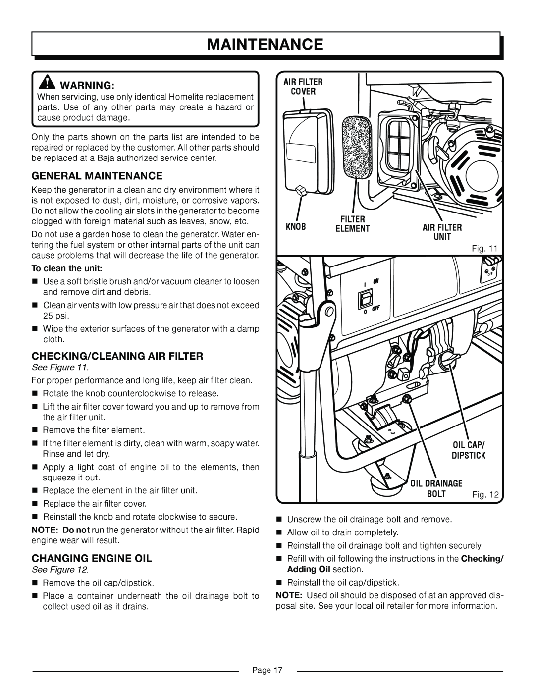 Homelite HG6000 manual General Maintenance, Checking/Cleaning Air Filter, Changing Engine Oil, See Figure 
