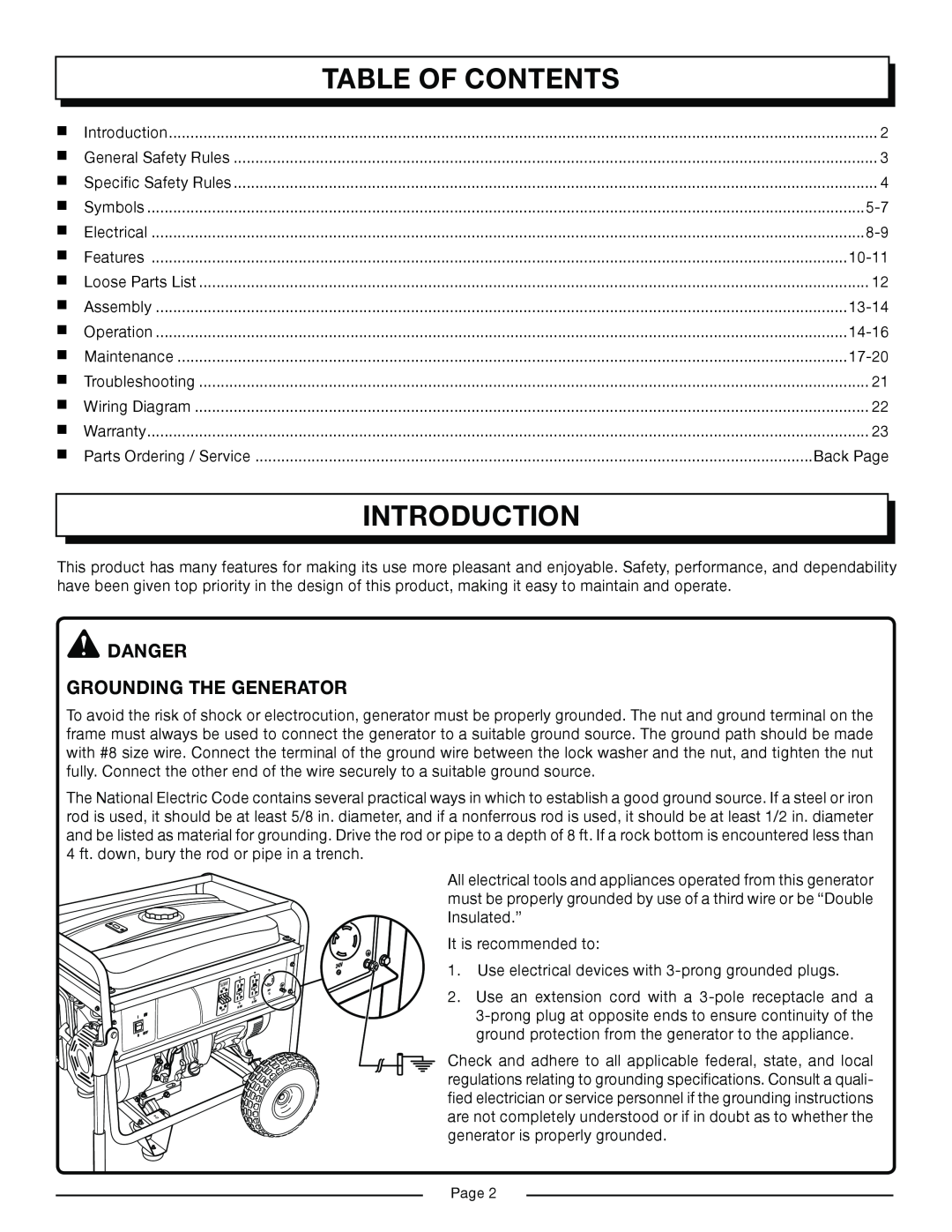Homelite HG6000 manual Introduction, Table Of Contents 