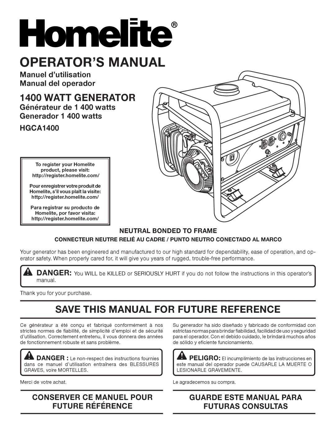 Homelite HGCA1400 manuel dutilisation Watt Generator, Save this Manual for Future Reference, Neutral Bonded to Frame 