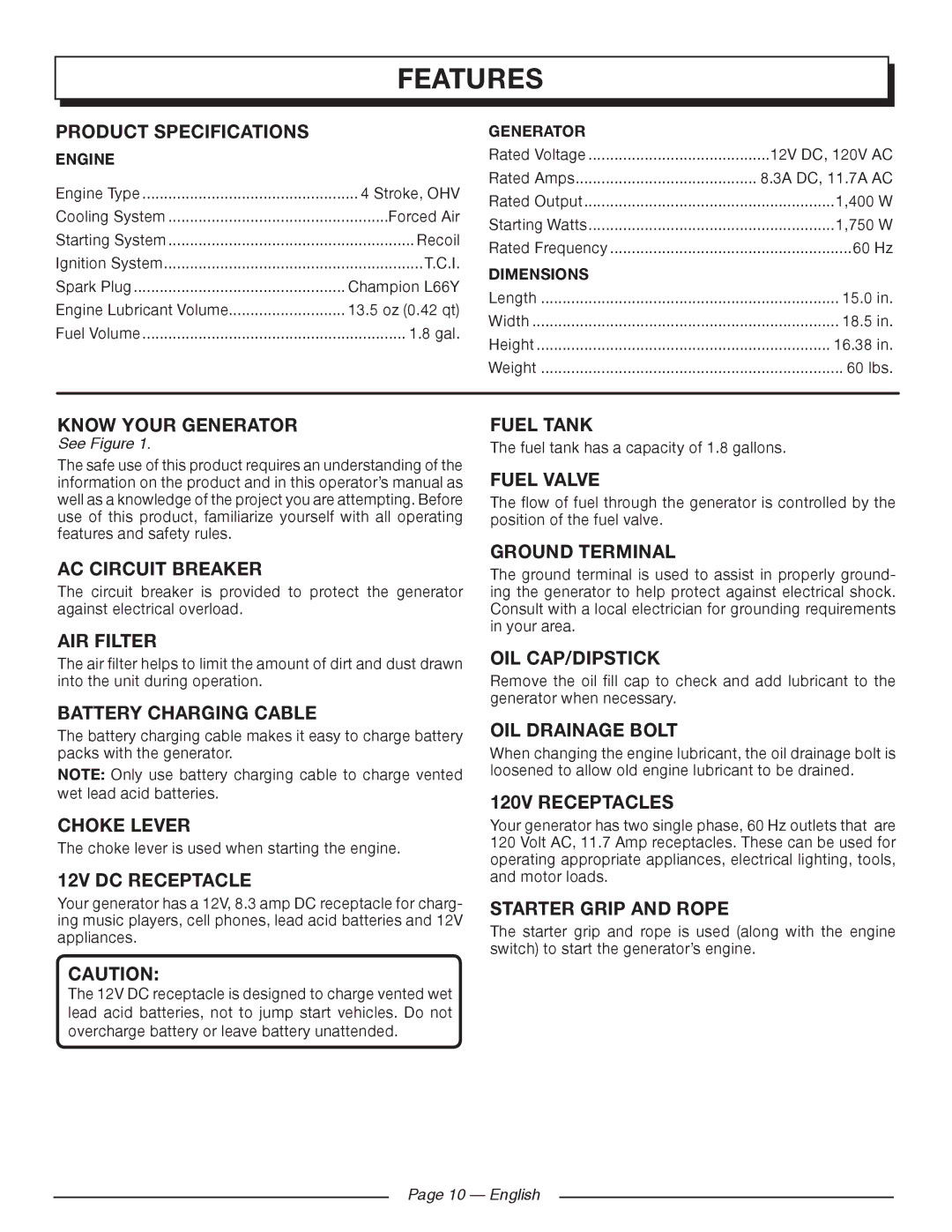 Homelite HGCA1400 manuel dutilisation Features, Product Specifications, Know Your Generator, Battery Charging Cable 