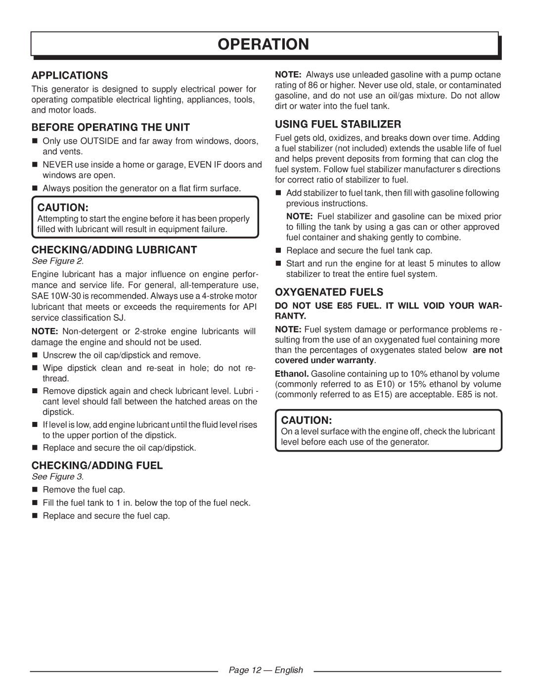 Homelite HGCA1400 manuel dutilisation Applications, Oxygenated Fuels 