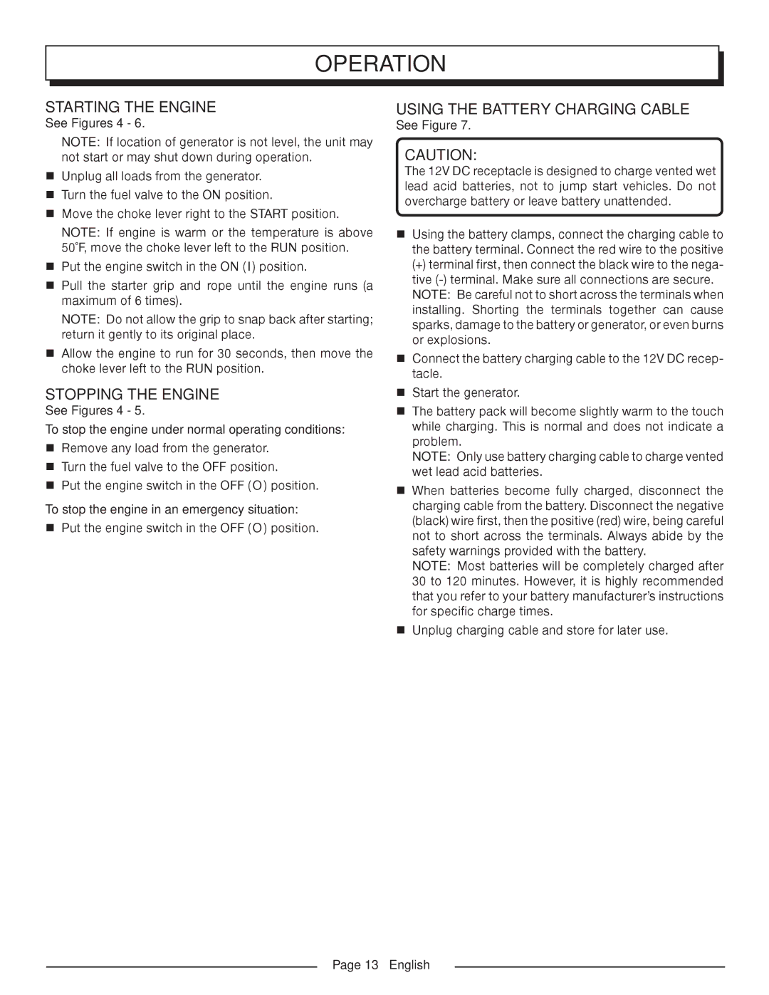 Homelite HGCA1400 Starting the engine, Stopping the engine, Using the battery charging cable, See Figures 4, English 