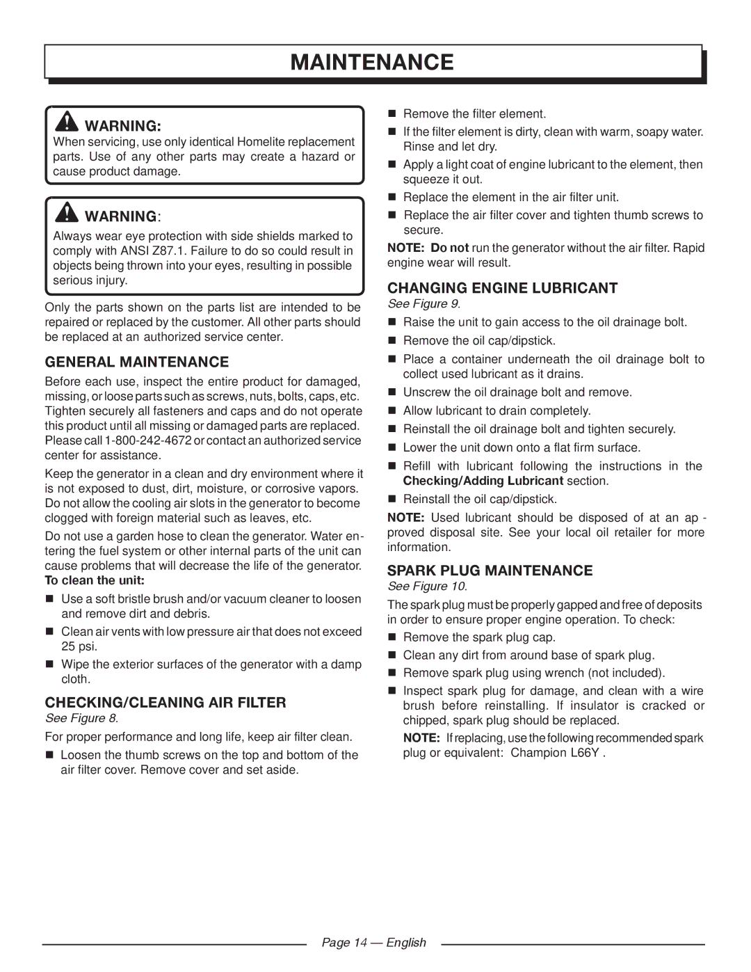 Homelite HGCA1400 General Maintenance, Checking/CLEANING AIR Filter, Changing engine lubricant, Spark plug maintenance 