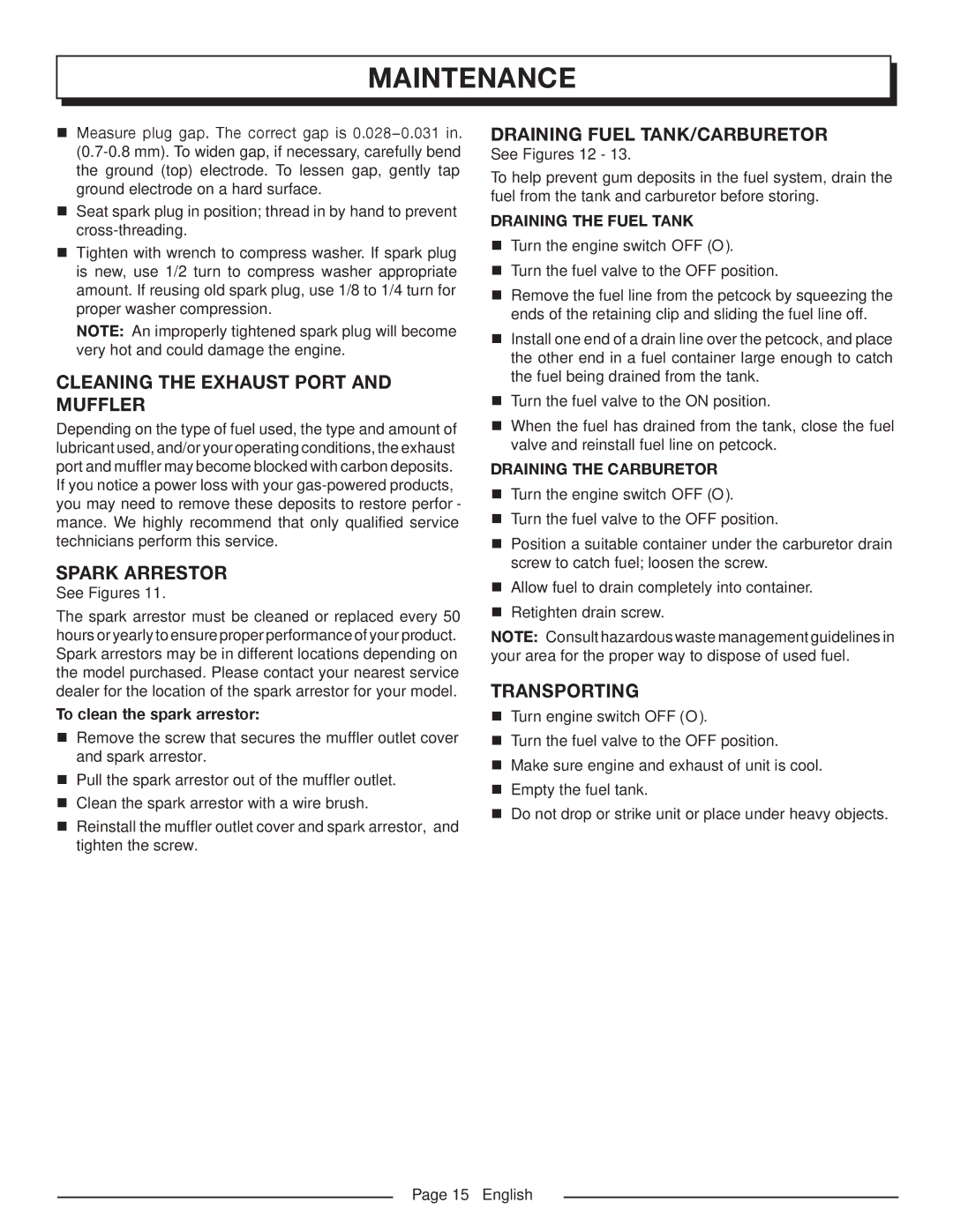 Homelite HGCA1400 Cleaning the Exhaust Port and Muffler, Spark arrestor, Draining fuel tank/carburetor, Transporting 