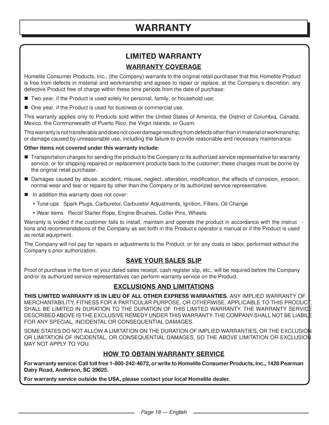 Homelite HGCA1400 Warranty Coverage, Save Your Sales Slip, Exclusions and Limitations, HOW to Obtain Warranty Service 