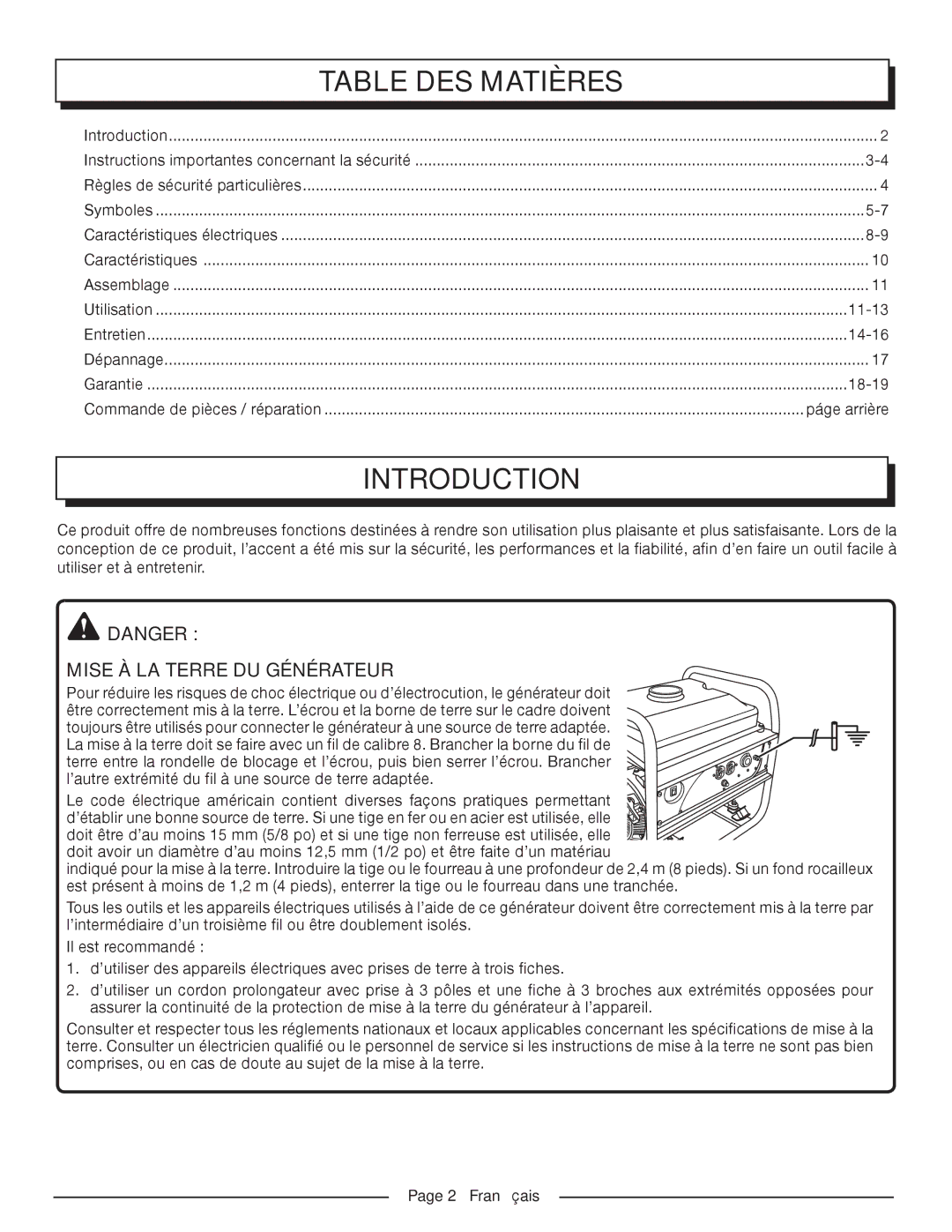 Homelite HGCA1400 manuel dutilisation Table DES Matières, Introduction, Mise À LA Terre DU Générateur, Français 