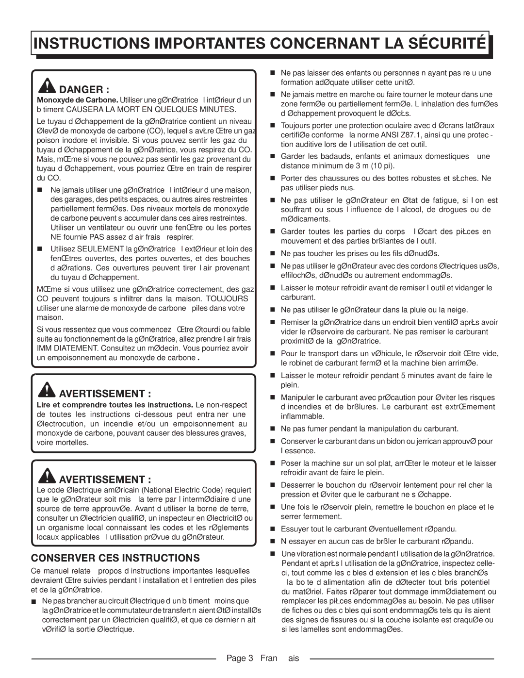 Homelite HGCA1400 Instructions importantes concernant la sécurité, Avertissement, Conserver CES Instructions, Français 