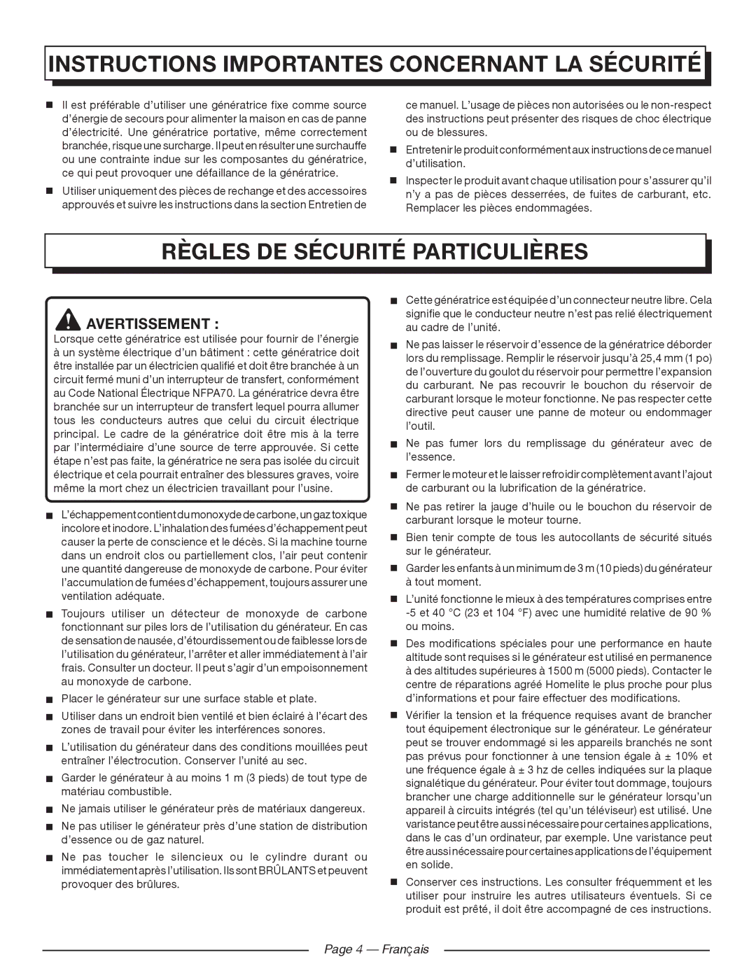 Homelite HGCA1400 manuel dutilisation Règles de sécurité particulières, Français 