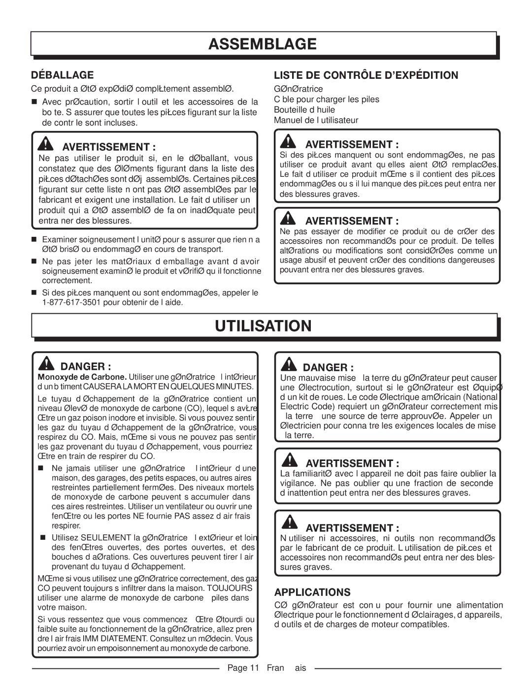 Homelite HGCA1400 manuel dutilisation Assemblage, Utilisation, Déballage, Liste de contrôle d’expédition, Français 