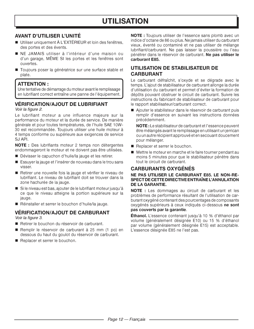 Homelite HGCA1400 Avant D’UTILISER L’UNITÉ, VÉRIFICATION/AJOUT de lubrifiant, VÉRIFICATION/AJOUT DE Carburant 