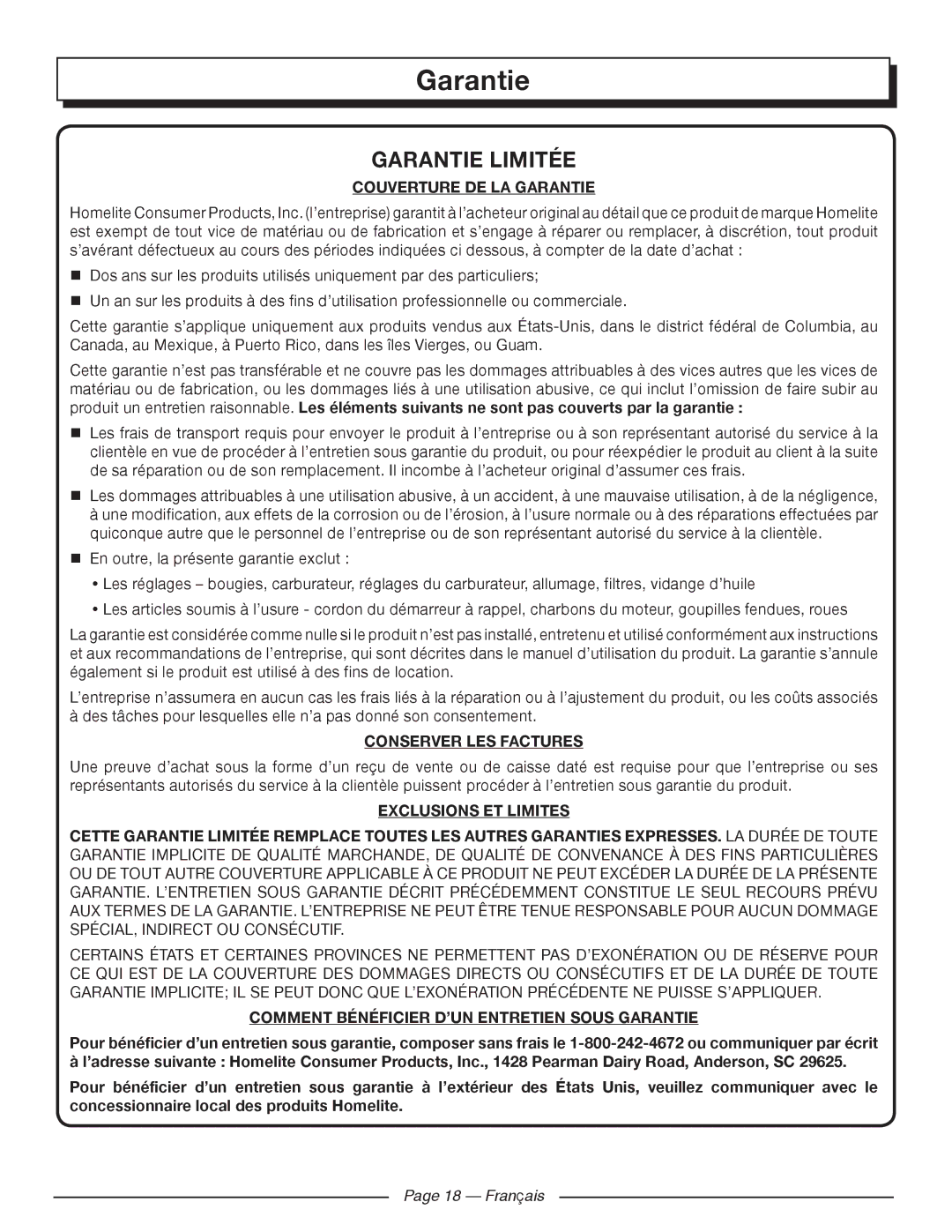 Homelite HGCA1400 Couverture DE LA Garantie, Conserver LES Factures, Comment Bénéficier D’UN Entretien Sous Garantie 