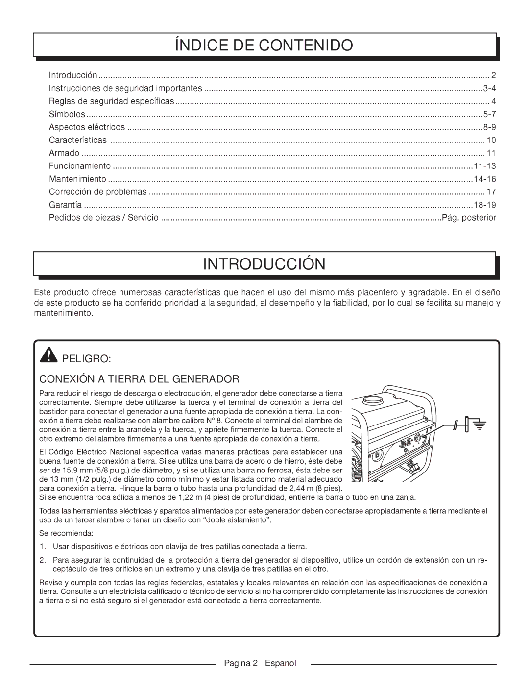 Homelite HGCA1400 Índice DE Contenido, Introducción, Peligro Conexión a tierra del generador, Pág. posterior 