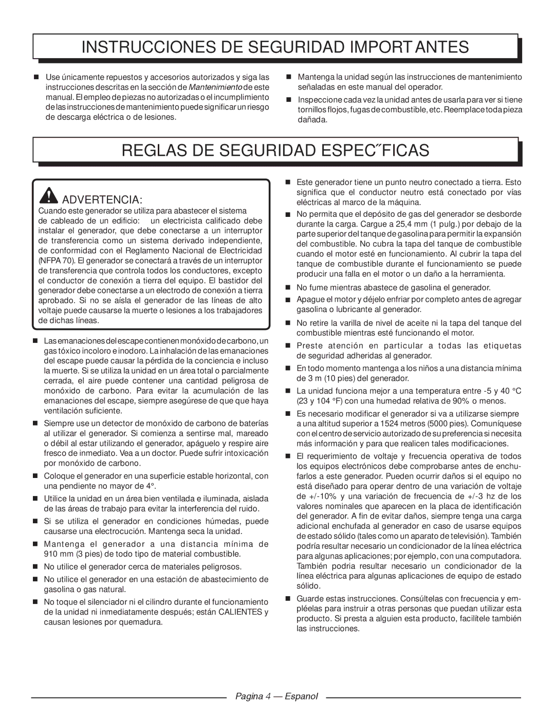 Homelite HGCA1400 manuel dutilisation Reglas de seguridad específicas, Pagina 4 Espanol 