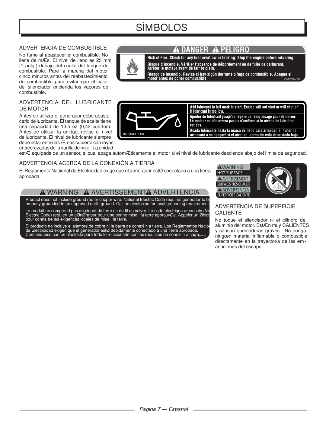 Homelite HGCA1400 Advertencia de combustible, Advertencia del lubricante de motor, Advertencia de Superficie caliente 