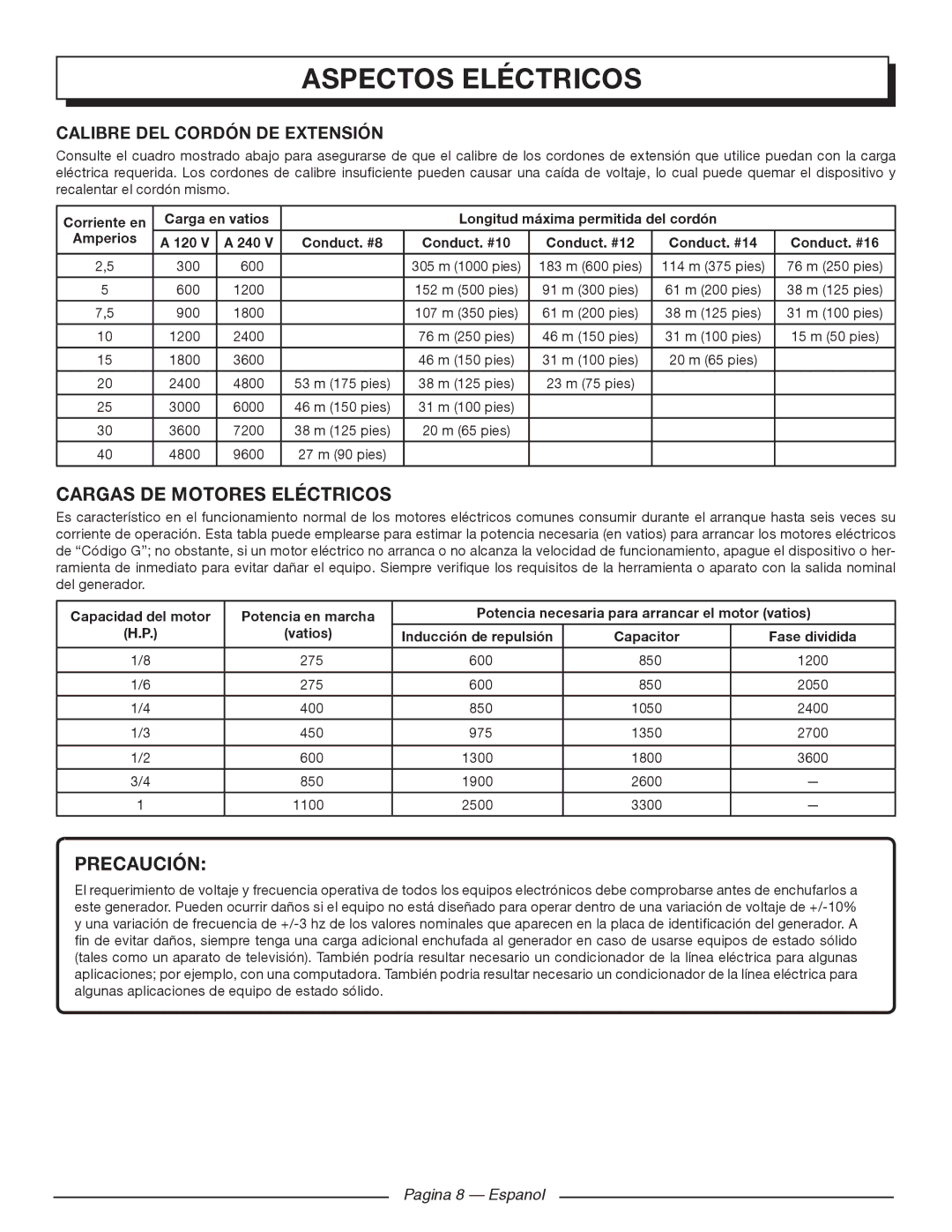 Homelite HGCA1400 manuel dutilisation Aspectos eléctricos, Cargas de motores eléctricos, Pagina 8 Espanol 