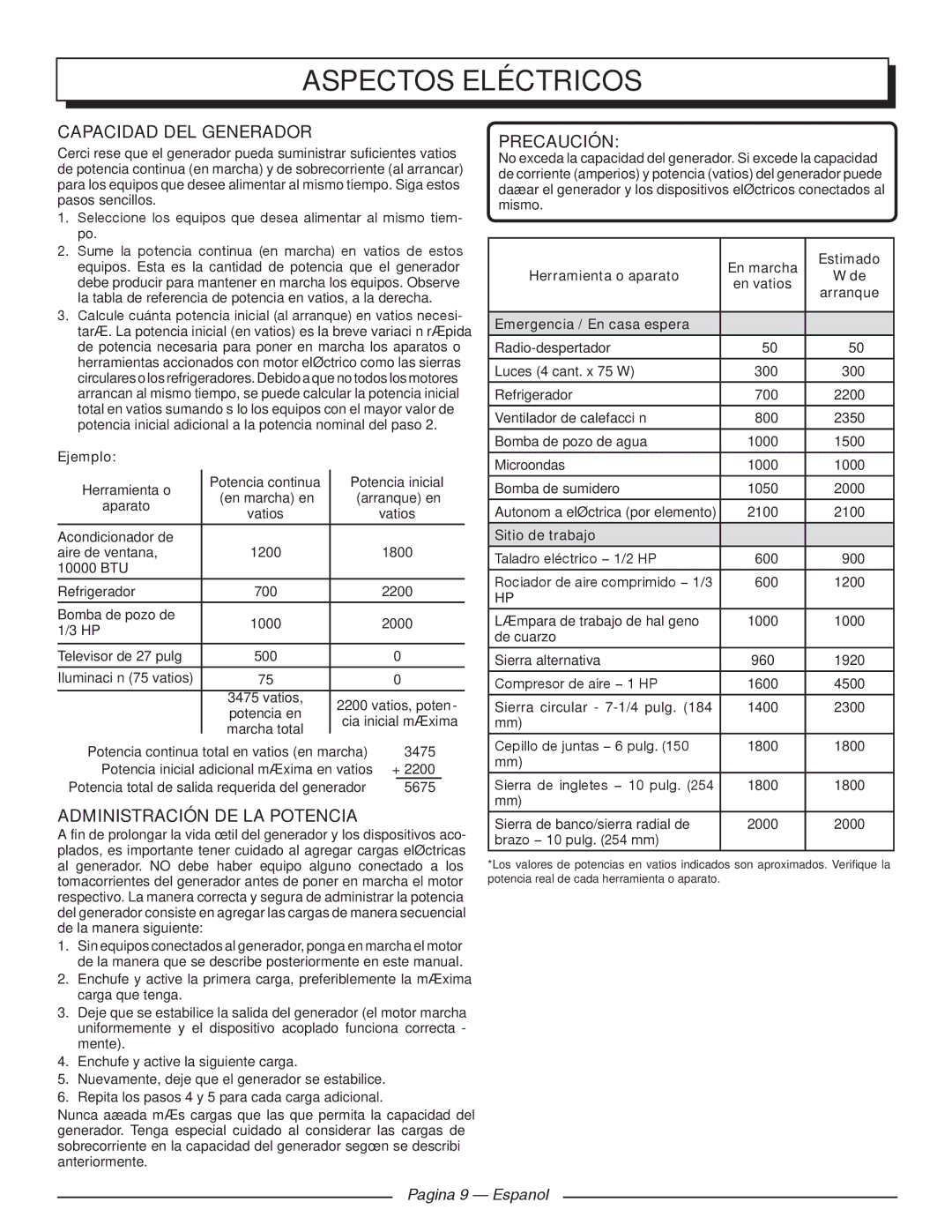 Homelite HGCA1400 manuel dutilisation Administración DE LA Potencia, Precaución, Pagina 9 Espanol 