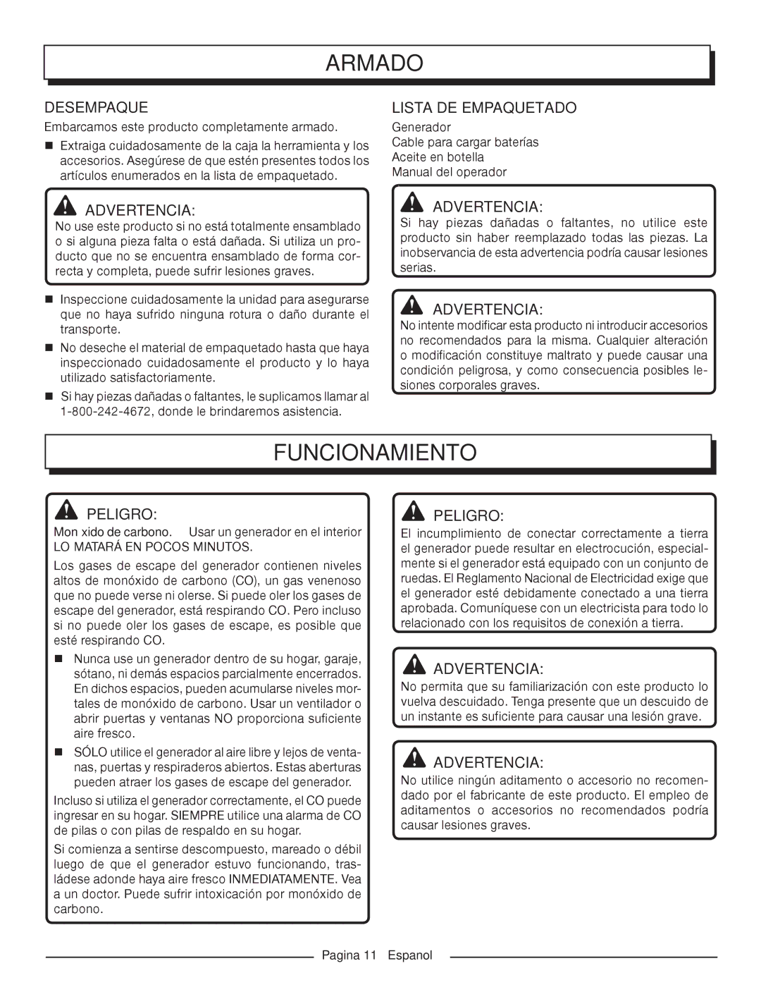 Homelite HGCA1400 manuel dutilisation Armado, Funcionamiento, Desempaque, Lista de empaquetado, Pagina 11 Espanol 